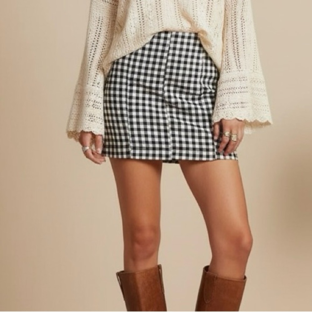 Free People Gingham Bodycon Mini Skirt – Black & White Check, Size 12